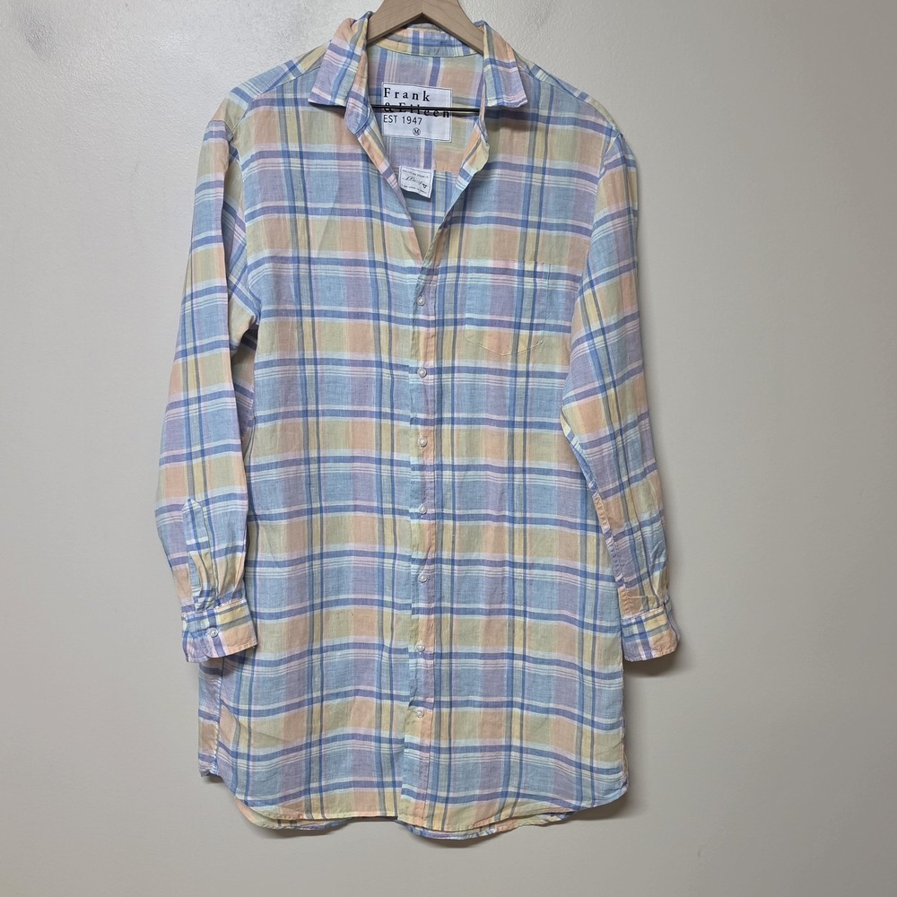 FRANK & EILEEN Sz M Medium Pastel Plaid Linen Mary Shirt Dress Beach Vacation